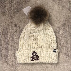 47 Cream Cable Knit Winter Hat with Arizona State University (ASU) logo